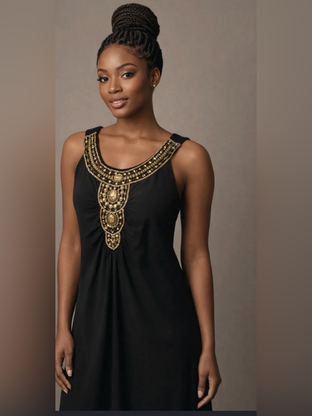 Black Sleeveless Chemise with Gold Beaded Neckline